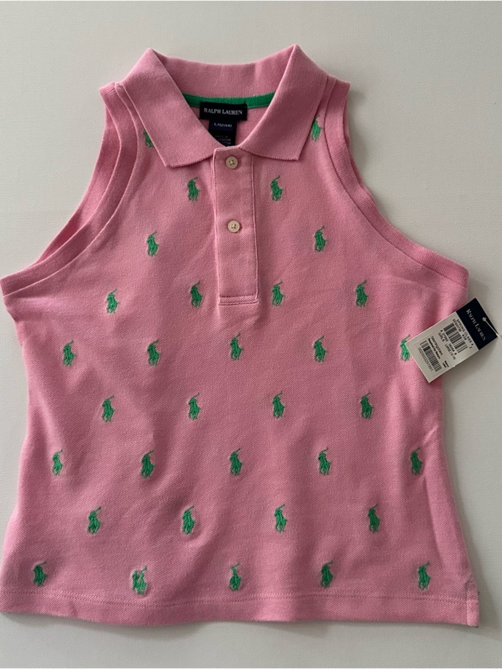 Ralph Lauren Girls 12-14 Pink Sleeveless Polo Tank with Green Pony Embroidery
